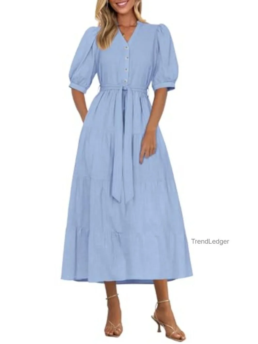Elegant Short Sleeve V-Neck Ruffle A-Line Midi Dress with Belt for Women